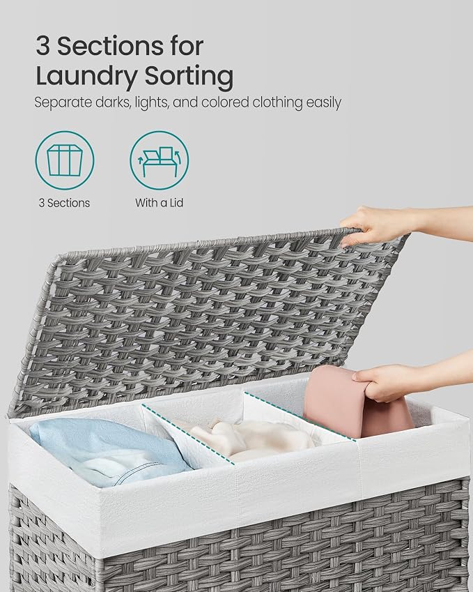 SONGMICS Laundry Hamper with Lid, 42.3 Gallons (160 L), Rolling Laundry Basket with Wheels, 3-Section Synthetic Rattan, Removable Liner, Bedroom, 29.9 x 13 x 26 Inches, Gray ULCB365G01 - Image 3