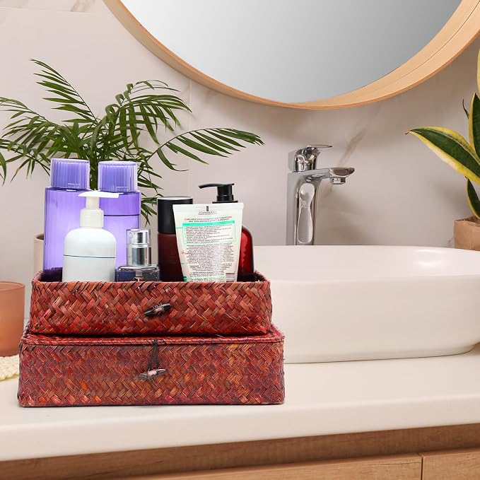Didaey Set of 4 Seagrass Basket with Lid Wicker Storage Basket Decorative Storage Boxes with Lids Flat Storage Bins Woven Organizer Baskets for Shelf Closet Bedroom, 4 Sizes (Retro Red) - Image 6
