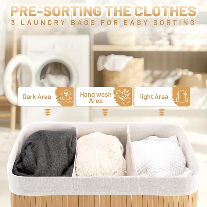 Aliphon 150L Laundry Hamper with lid, 3-Section Clothes Laundry Basket with Handles, Large Collapsible Bamboo Baskets for Bedroom, Bathroom, Dorm, Natural Beige - Image 3