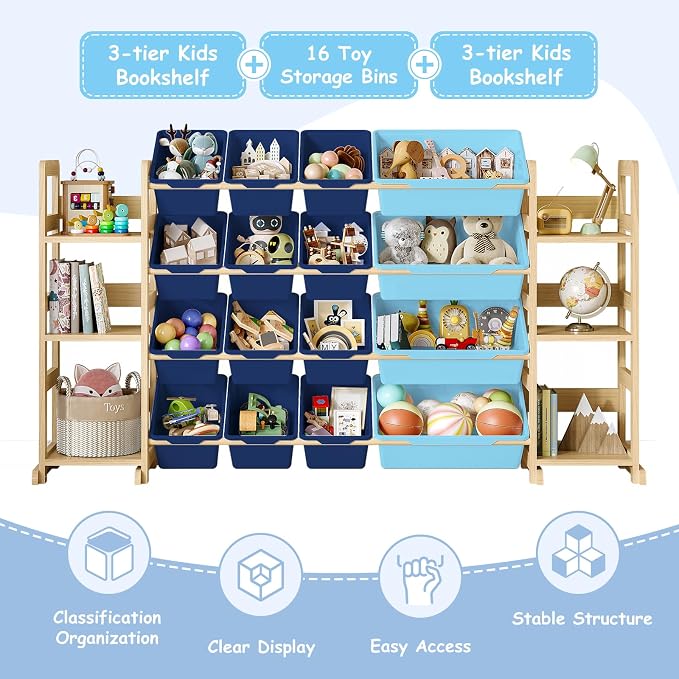 EXPERLAM Extra Large Toy Storage - Toy Storage Organizer, Wooden Toy Organizer with 6 Side Shelves and 16 Bins, 3-in-1 Bookshelf for Kids Rooms, Playroom, Nursery, Blue - Image 5