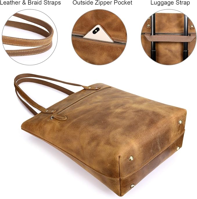 S-ZONE Leather Tote Bag for Women Work Handbag with Luggage Sleeve | Top Grain Genuine Leather, Padded Laptop Compartment, Multi Pockets, Large Retro Purse, Travel Everyday - Image 4