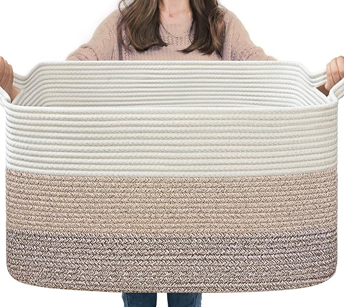 Goodpick Large Woven Rope Blanket Basket, Rectangle, Light Brown | 21.6'' x 14.9'' x 11.8'' Storage Basket for Toys, Blankets & Clothes, Living Room & Nursery Organization, Reinforced Handles by Goodpick