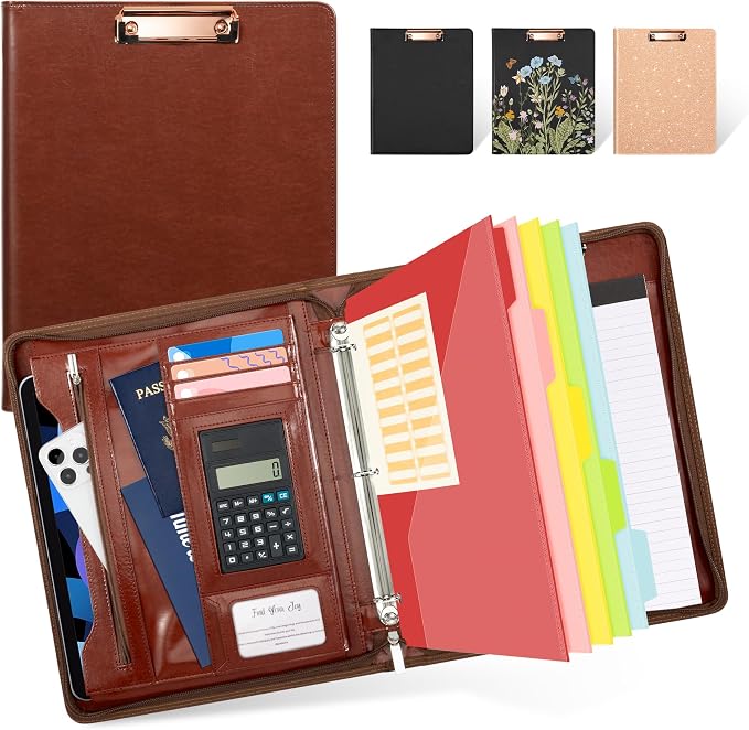 Ospelelf 3 Ring Binder Portfolio Folder with Zipper- Leather Padfolio with Clipboard Storage- Calculator, 12.1” Tablet Sleeve, 5 Dividers with Pocket, Refillable Notepad, Card Slot (Red Brown) by OspelelfOfficeSupplies