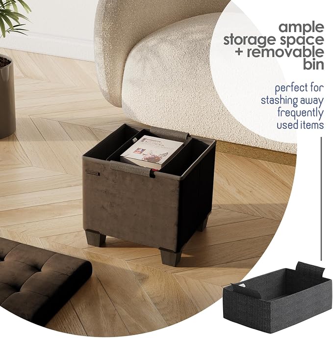 Storage Ottoman Cube with Small Bin, 15-in Square Ottoman with Storage for Living Room and Bedroom, Small Ottomans Foot Rest, Velvet Foot Stools Ottomans Max 330lbs, Brown - Image 4