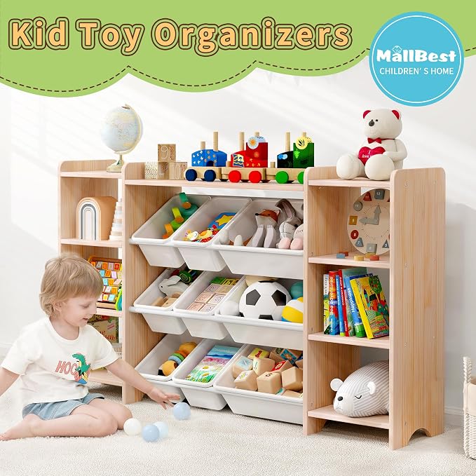 MallBest 57" Extra Wide Toy Storage Organizer and Kids Bookshelf, Solid Pine Wood Frame Playroom Organizer with 9 Bins, 4-Tier Toy Organizer for Kids Room, Nursery and Bedroom, Natural - Image 4