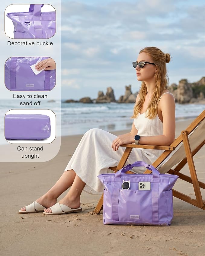 FHELAD Extra Large Glossy Tote Bag for Women, Beach Shoulder Bag 25L | Waterproof Sandproof, 15.6" Laptop Compartment, Luggage Strap, Work, Travel - Image 3