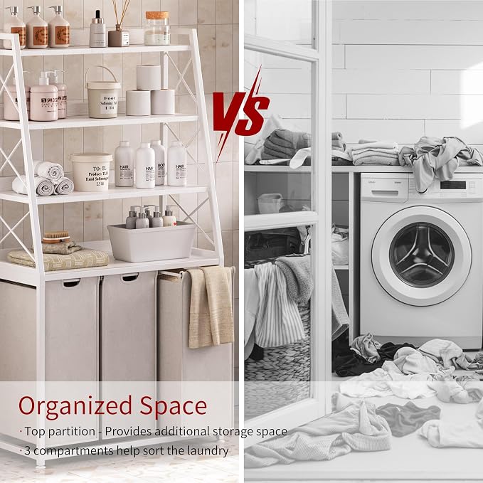 Herture 3 Section Laundry Hamper Laundry Basket with 4 Tiers Shelf | Laundry Sorter with Pull-Out Removable Large Bags, 4 x 15.87 Gallons, Metal Frame, for Laundry Room Bathroom, White PF05XLW - Image 6