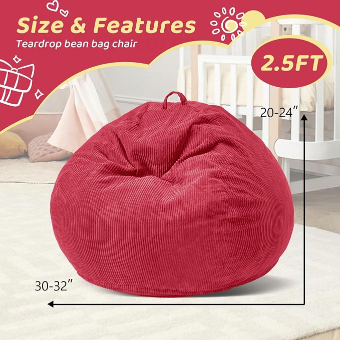 2.5FT Bean Bag Chair,Teardrop Bean Bags with Memory Foam Filled | Beanbag Chairs with Handle,Teardrop Bean Bag Sofa with Corduroy Machine Washable Cover for Living Room,Bedroom-Red - Image 2
