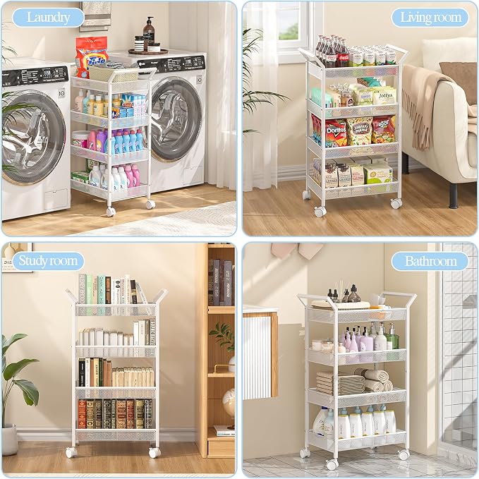 Baby Diaper Caddy Cart, 4-Tier Diaper Caddy Organizer and Storage, Rolling Utility Cart for Baby Supplies, Diaper Cart with Wheels for Bedroom, Nursery, Changing Table, White - Image 7