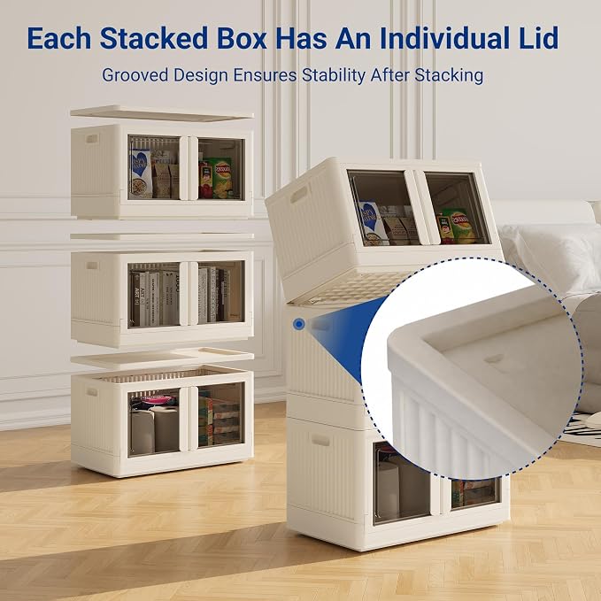 FLEXIMOUNTS 110 QT Stackable Plastic Storage Bins With Lids, Milky White | Collapsible Foldable Storage Bins with Front Doors and Built-in Wheels, Organizers and Storage for Home, Dorm, 3 Pack Cubes - Image 4
