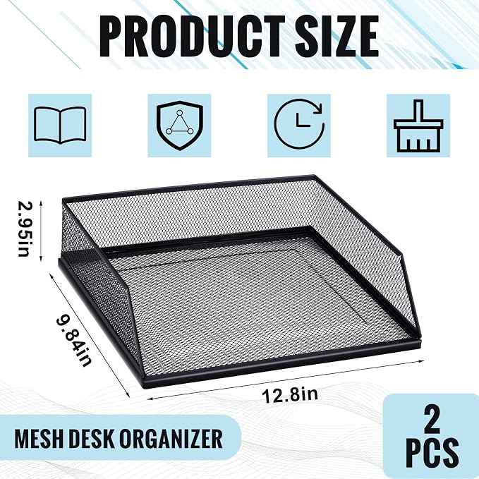 Hicarer 2 Pcs Black Metal Letter Tray Stackable Desk Tray Single Wire Mesh Organizer Front Load File Paper Holder for Desktop Office Home School Classroom (9.84 x 12.8 Inch) - Image 3