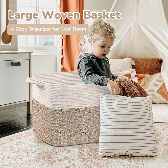 Goodpick 85L Large Woven Rope Blanket Basket, White & Light Brown | 23.6'' x 15.7'' x 13.8'' Storage Basket for Blankets, Toys & Clothes, Nursery & Bedroom Organization, Reinforced Handles - Image 2