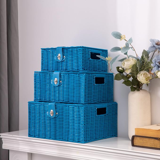 Set of 3 Woven Wicker Storage Basket Box with Lids & Lock, Built-in Carry Handles, Multifunctional Storage Organizer for Nursery, Baby, Clothes, Toys, Books, Large/Medium/Small Size (Blue) - Image 7