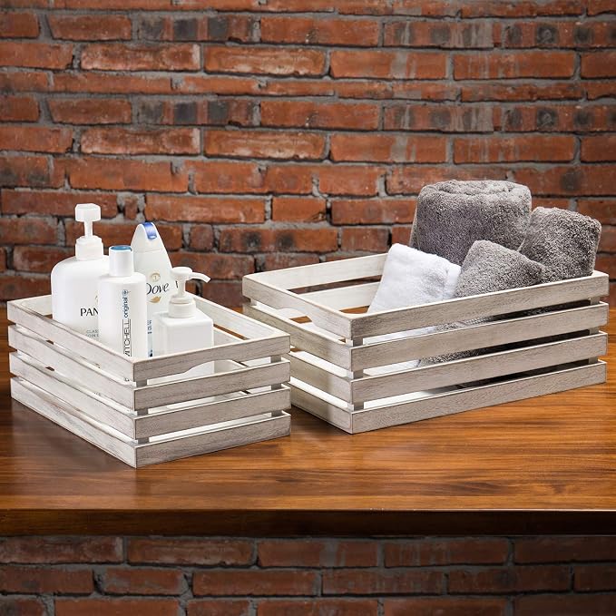 MyGift 16 and 14 Inch Shabby White Washed Solid Wood Nesting Decorative Storage Crates, Vintage Farmhouse Wooden Stackable Open Top Bin Boxes, 2 Piece Set - Image 2