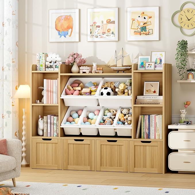 Toy Storage Organizer with Movable Drawer Toy Organizer for Kids | Large Toy Organizers and Storage with 6 Storage Cubbies, Kids Toy Storage and Toy Chest for Playroom and Kids Room, Natural by finetones