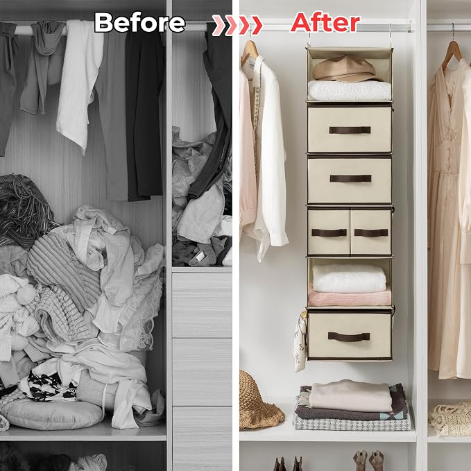 GRANNY SAYS Hanging Closet Organizer, 5 Drawers, 6 Shelves, 6 Pockets | Hanging Closet Organizer with 5 Different Drawer Designs, 6 Shelves & Reinforced Structure for Organized Small Space, Beiges - Image 8