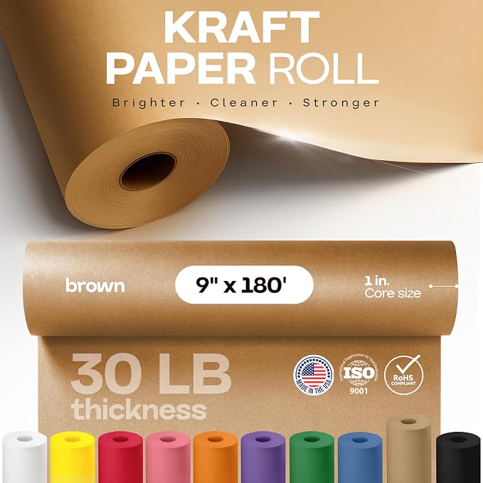 Brown Paper Roll 9" x 2160" (180 feet) - USA-Made Kraft Paper 30lb Thickness - Ideal for Wrapping, Packing, Moving, Shipping, and Arts & Crafts - 100% Recycled Natural Material by IDL Packaging - Image 4