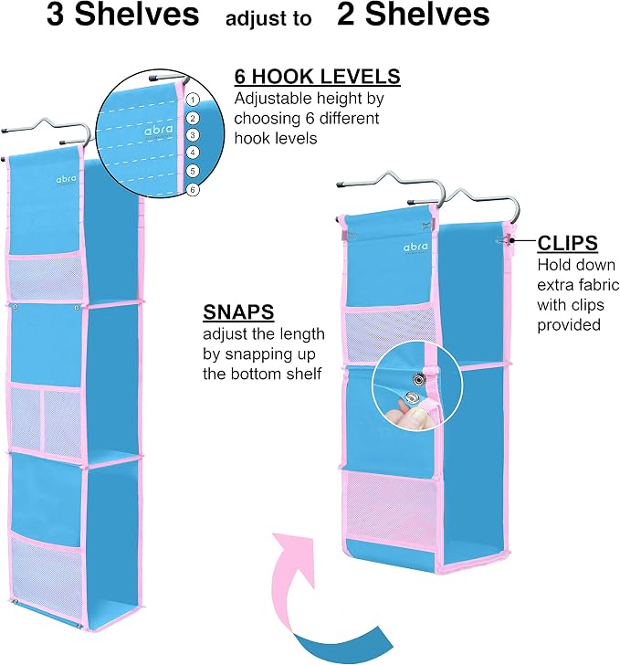 ABRA® 3 Shelf Hanging Locker Organizer for School, Work, Gym, Storage | Deep Shelves 6.5”x 9”| Eco-Friendly Fabric Healthy for Children | Adjustable School Locker Shelf from 3 to 2 Shelves (Blue/Pink) - Image 5