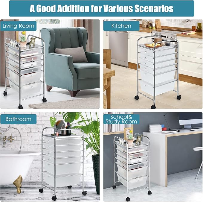 Giantex 6 Storage Drawer Cart Rolling Organizer Cart for Tools Scrapbook Paper Home Office School Multipurpose Mobile Utility Cart (Clear White) - Image 4