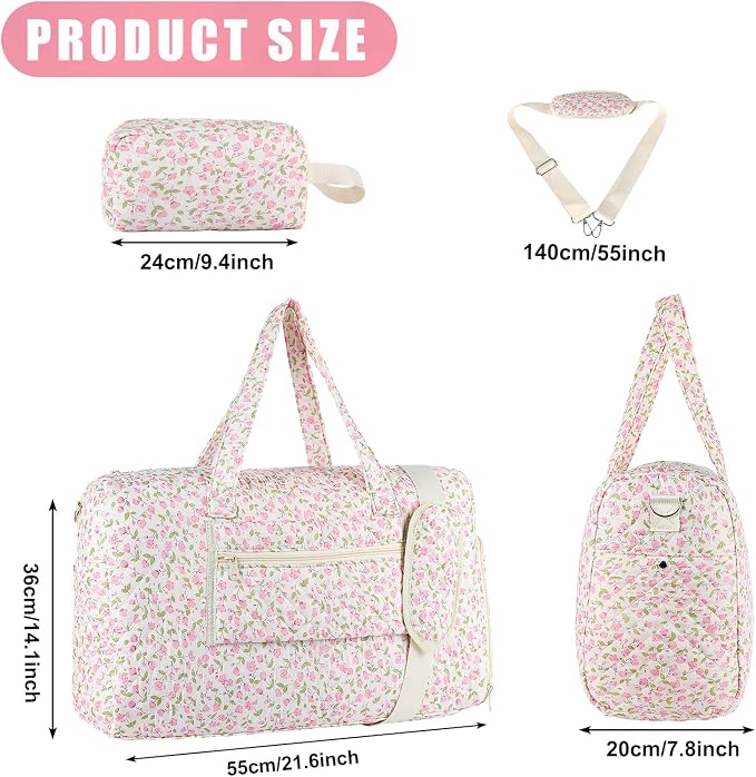 Quilted Floral Duffel Bag 2 Pack Weekender with Shoe Compartment | Women’s Overnight Hospital Bag for Labor Delivery, Travel Carry On Duffel with Toiletry Pouch for Gym & Weekend Getaway - Image 2