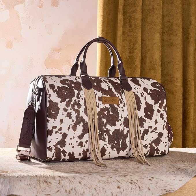 Wrangler Rustler Wildside Cow-Print Weekender Duffel Bag Large Carry On Bags with Tassels, Coffee - Image 2