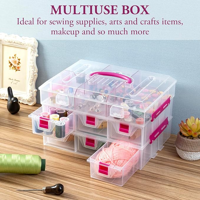 MyGift 11 Inch Clear Arts and Crafts Stackable Container, Sewing Supplies Storage Organizer Case with Pink Accents, 24 Customizable Compartments, and 6 Drawers with Removable Dividers - Image 4