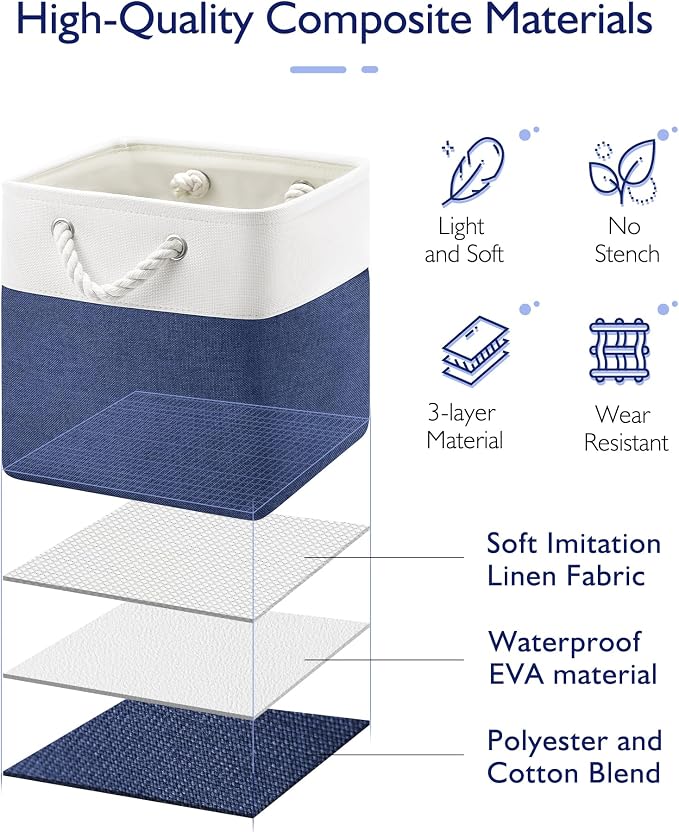 Patvingot 11-Inch Fabric Cube Storage Bins with Handles,6 Pack,Foldable | For cube shelves and closets,keeps grouped for everyday access,reinforced opening and fold-flat storage,white and blue - Image 3