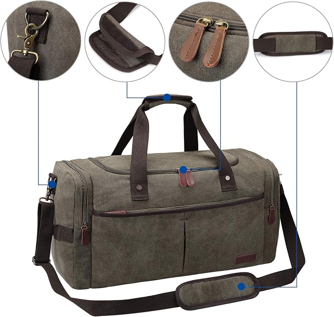 S-ZONE Large Canvas Travel Duffel Bag Weekend Overnight Bag with Shoes Compartment Holdall Gym Bag with Multi-Pockets for Men and Women, Army Green, X-Large | Water-resistant, X-Large Size, Multi-Pockets, Removable Shoulder Strap, for Gym or Travel, Ar... - Image 5