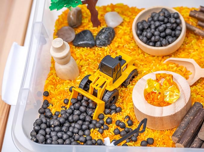 Construction Sensory Bin Kit for Kids | Taste-Safe Rice, Realistic Rocks & Logs, Wooden Tools & Vehicles – Includes Storage Bin – Montessori-Inspired Sensory Play - Image 2
