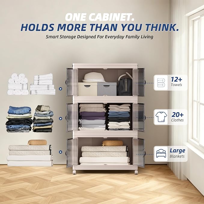 SAILUN 348Qt Stackable Storage Bins,Storage Cabinet a Lid,3Pack Blush White | Stackable Storage Drawers with Lids,26" W x 17" D x 43.7" H,Featuring open-front Access for Clothes and Closet Storage - Image 5