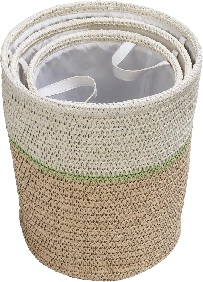 Honey-Can-Do Storage Basket 3 Piece Nesting Set with Handles, Natural Woven, Laundry Hamper, Multipurpose Basket for Bedroom, Bathroom, Blankets, Clothes, Toys, Books, Cabinets and More - Green/Beige - Image 4