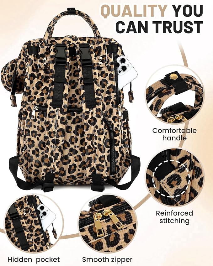Corduroy Diaper Bag Backpack, Large Capacity Multifunction Baby Diaper Bags for Women, Insulated Bottle Pockets & Pacifier Case, Stylish Travel Nappy Changing Bags for Mom Dad (Leopard Brown) - Image 6