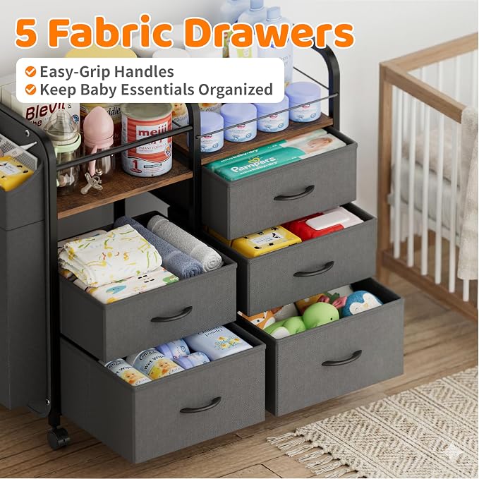 CODACE Baby Diaper Caddy Organizer Cart - Baby Organizers and Storage | Bedside Cart with Drawers & Side Storage, Nursery Essentials, 3 Tier Rolling Carts with Wheels for Bedroom, Easy to Assemble - Image 4