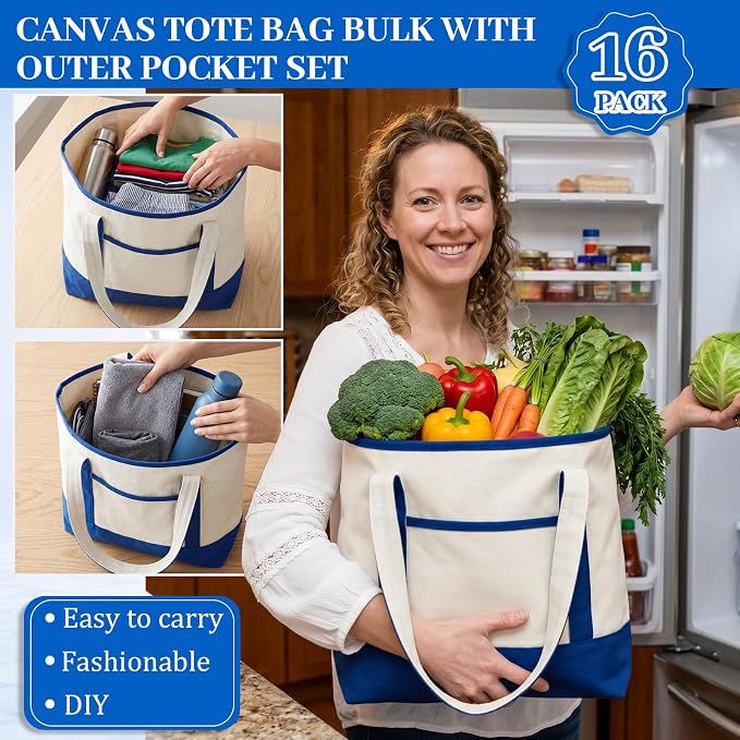 Sanwuta Canvas Tote Bags Bulk with Outer Pockets,Dark Color,12 Pack | Reusable Cotton Grocery Bags, Perfect for Teachers, Party Giveaways, DIY Crafts, Wedding Favors, Business Gifts - Image 5