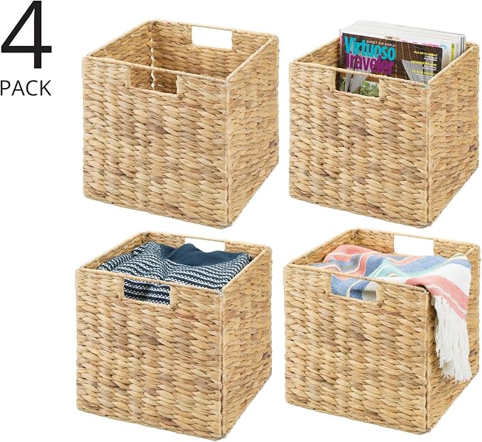 mDesign Natural Woven Hyacinth Cube Organizer Basket with Handles, Storage for Bathroom, Laundry Room Shelf or Nursery - Perfect for Cubby Storage Units - Hold Blankets and Books - 4 Pack, Natural/Tan - Image 2