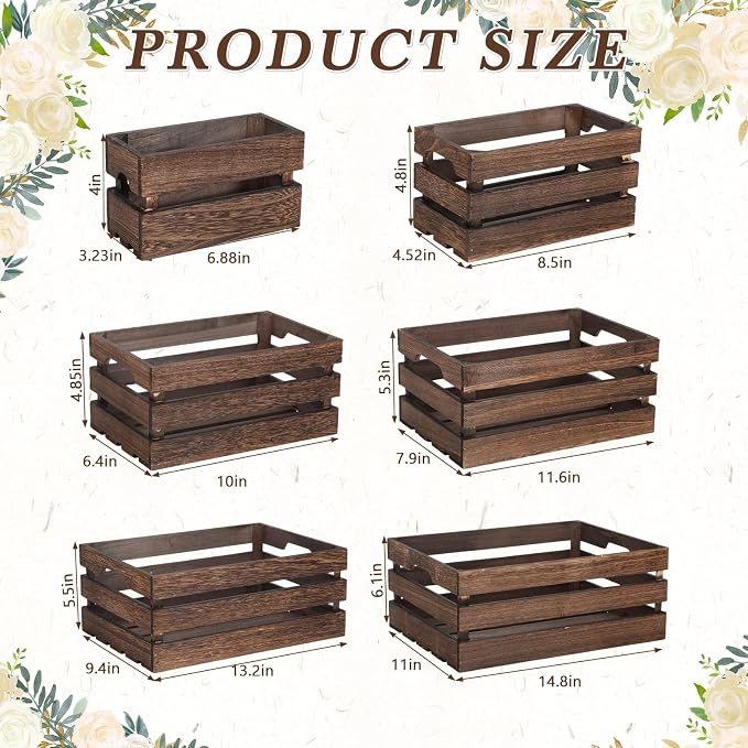 CroBlissful 6 Pcs Decorative Wood Crates for Storage Display Rustic Nesting Crates with Handle Farmhouse Wooden Storage Container Boxes for Wedding Baby Shower Birthday Party(Vintage Dark Brown) - Image 2