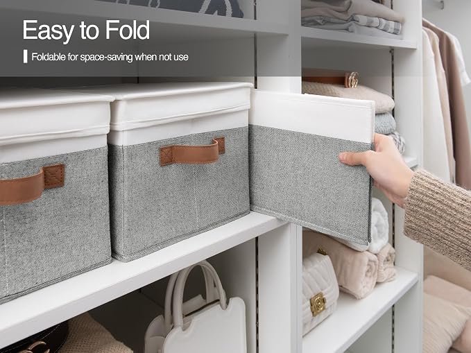 StorageWorks Fabric Storage Bins with Lids, Closet Storage Bins | Lidded Dust-proof, Easy Pull Handles, Foldable, Stackable, Ideal for Clothes Blanket Towel, Jumbo, Gray and White, 3-Pack - Image 4