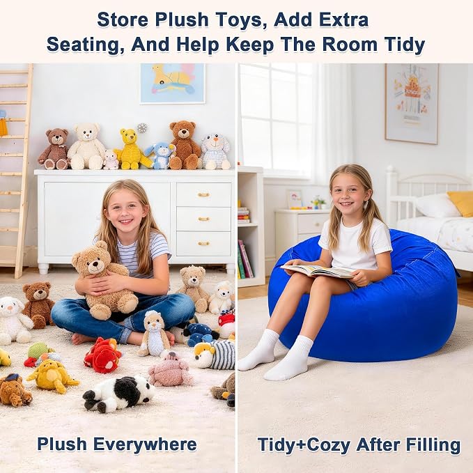 Lukeight Stuffed Animal Storage Bean Bag Chair Cover for Kids, Velvet Plush Toy Organizer Seat, Cover Only, No Filling Included, Long YKK Zipper, Side Pocket, X-Large 30"D x 18"H - Image 3
