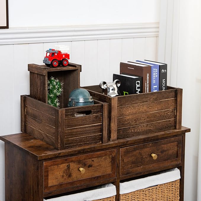 Large Vintage Brown Wooden Crates For Storage,Nesting Handmade Solid Wood Vintage Black Wood Storage Boxes.Storage Crates For Organizing. - Image 2
