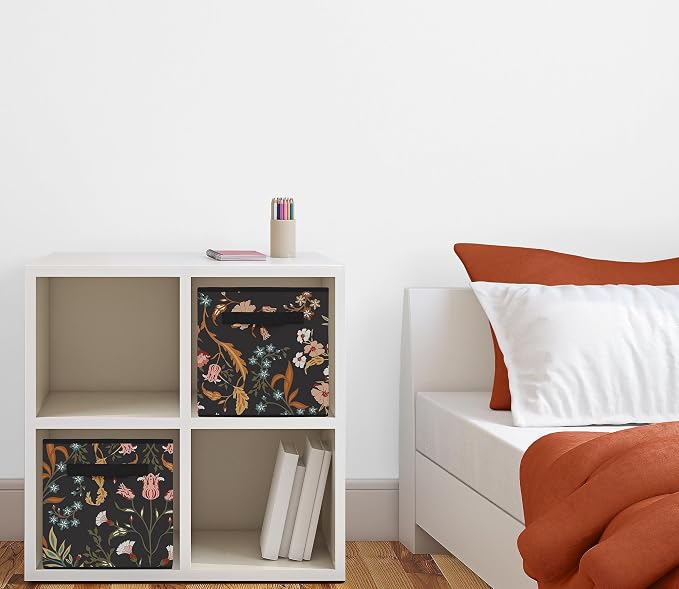 Sweet Jojo Designs Boho Wildflower Vintage Floral Girl Collapsible Fabric Storage Cubes Foldable Bins Organizer Boxes Kids Baby Childrens Toys Set of 2 Black Orange Teal Bohemian Farmhouse Cottagecore - Image 2