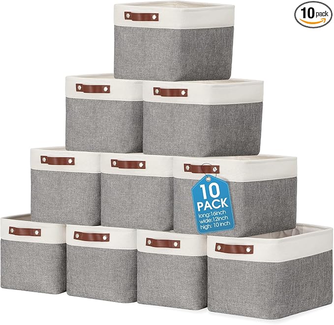Uiifan 10 Pcs Collapsible Storage Bins Fabric Foldable Storage Basket with Handles Cloth Organizer Linen Shelf Baskets for Shelves Home Closet Nursery Toys(16 x 12 x 10 Inch,Gray and White) by Uiifan