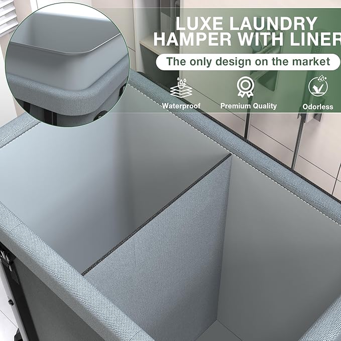 Laundry Basket with Lid,190L Rolling Laundry Hamper with Wheels,Grey | Dirty Clothes Hamper with Metal Frame and Removable Bag Design, Suitable for Laundry Room, Bedroom(2 Section) - Image 3