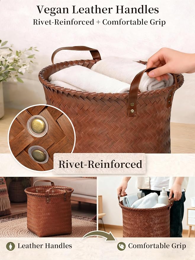 Wicker Storage Baskets, 4 Pack Woven Baskets for Shelves, Brown | PP Rattan, Water-resistant Wicker Basket, Large Baskets with Faux Leather Handles for Blanket, Laundry Organizer, Room Decor - Image 6