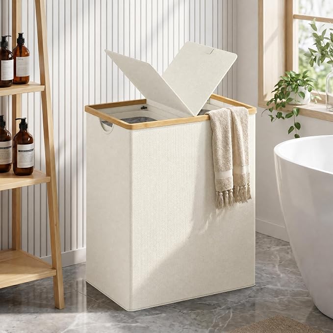 efluky Laundry Hamper with Lid, Double Laundry Basket with 2 Removable Bags, 2 Section Laundry Bin with Bamboo Handles for Bathroom, Bedroom & Laundry Room, 170L (44.9 Gallon) Beige - Image 5