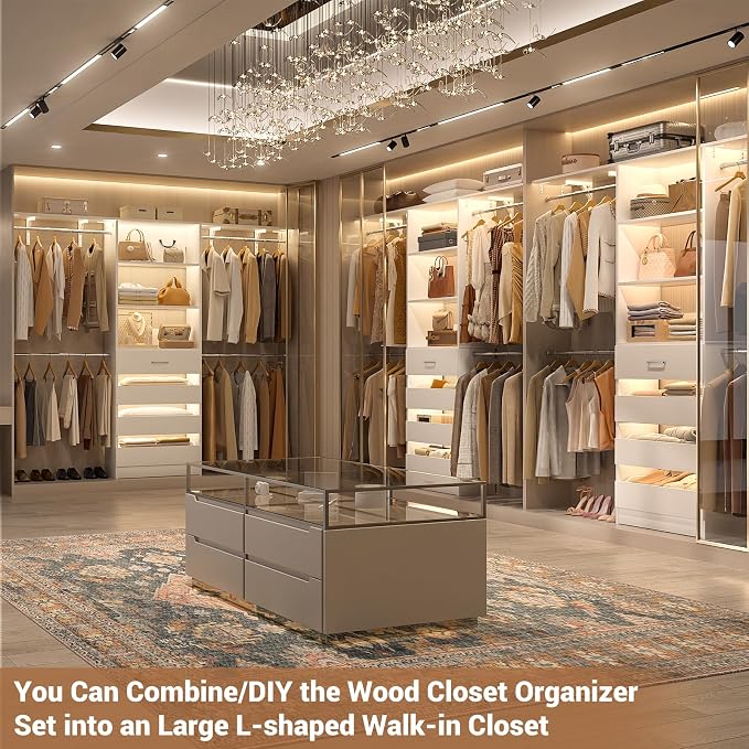 Aheaplus Closet System with Drawers, Wood Closet Organizer System with 4 Hanging Rods & Top Shelves, Walk-in Closets Organizer Wardrobe Clothes Rack System, Cut Fits Spaces 4-9FT. Wide, White - Image 5
