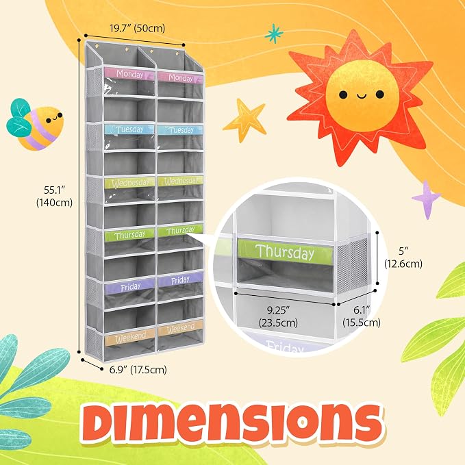 Weekly Clothes Organizer for Kids Closet Daily Outfit Storage 12 Shelf | Houseables Days of the Week Clothes Organizer, Monday through Friday Clothing, Weekday, M-F, School, Hanging, Over Door - Image 2
