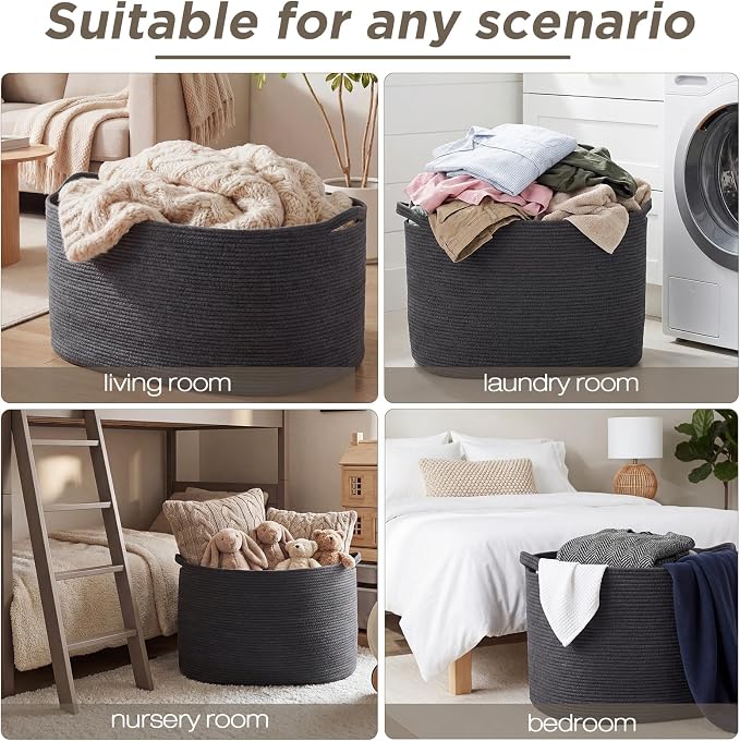 XXXXL 125L Extra Large Woven Blanket Basket, 25" x 18" x 17" Jumbo Cotton Rope Storage Basket with Handles Toy Storage Bins for Laundry Hamper Nursery Organizer Living Room Home(Dark Gray) - Image 5