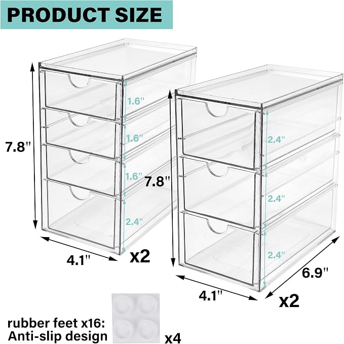 Prsildan Acrylic Desk Organizers with 14 Drawers, Stackable Makeup Storage | Anti-slip Clear Storage Bins, Vanity Organizer for Craft Bead Crayon Nail, Bathroom Kitchen Office Organization, 4 Pack - Image 3
