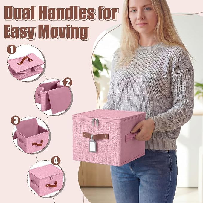 6 Pack Fabric Bins with Lids, 10 x 8 x 7 Inch Fabric Storage Bins with Zipper Lids and Labels, Decorative Foldable Storage Cubes with Handles for Closet Nursery Shelf Organization, Pink - Image 4
