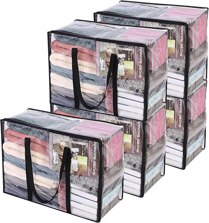 5 Pack Clear Clothes Storage Bags with Zipper 40L | Plastic Storage Bag, Foldable Closet Organizer, For Comforter Blanket Bedding Duvet Toys, Moving Bags by Vieshful